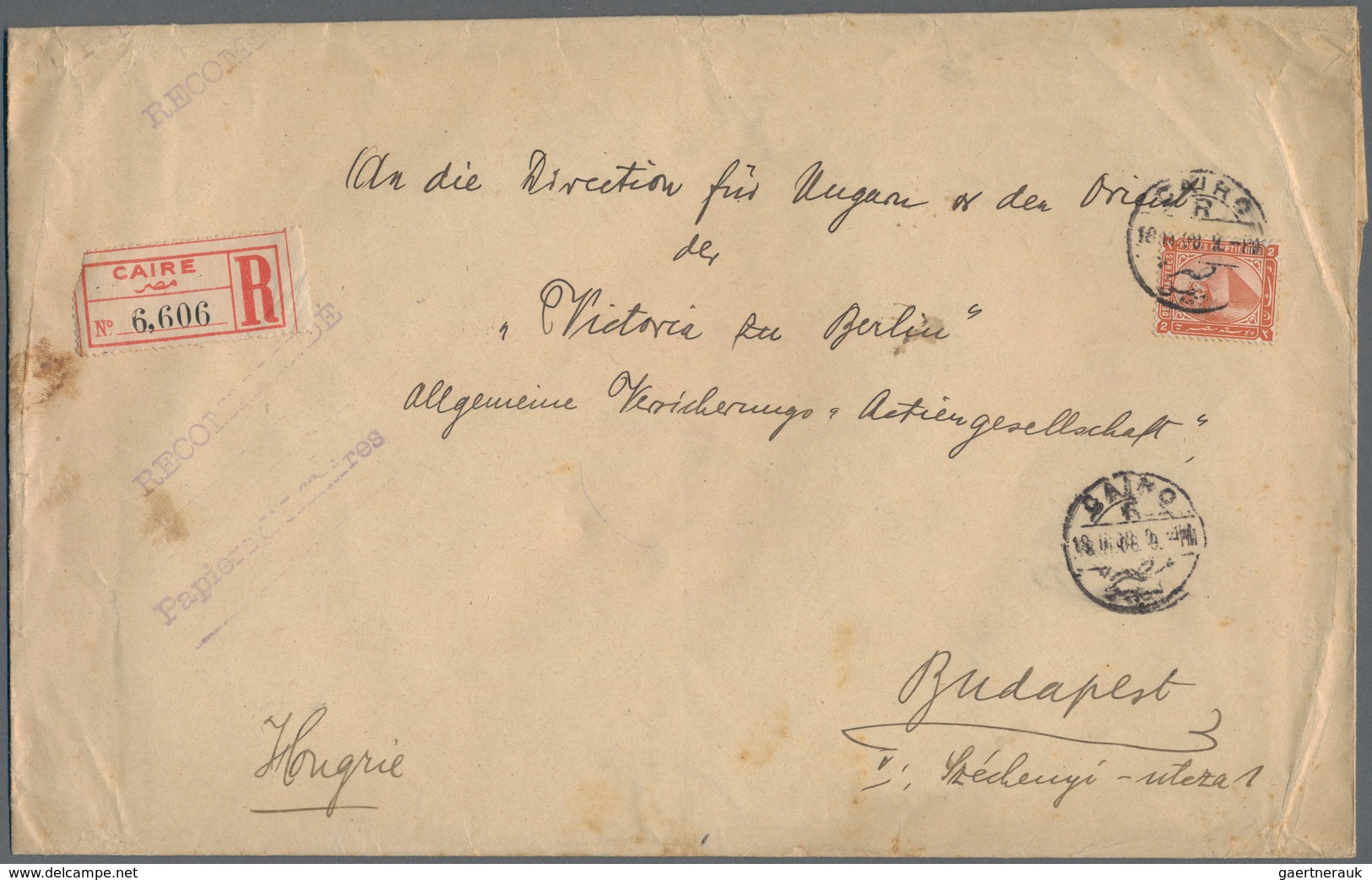 Ägypten: 1908 Printed Envelope Used Registered From Cairo To Budapest, Franked By 2pi. Orange-brown - 1866-1914 Ägypten Khediva