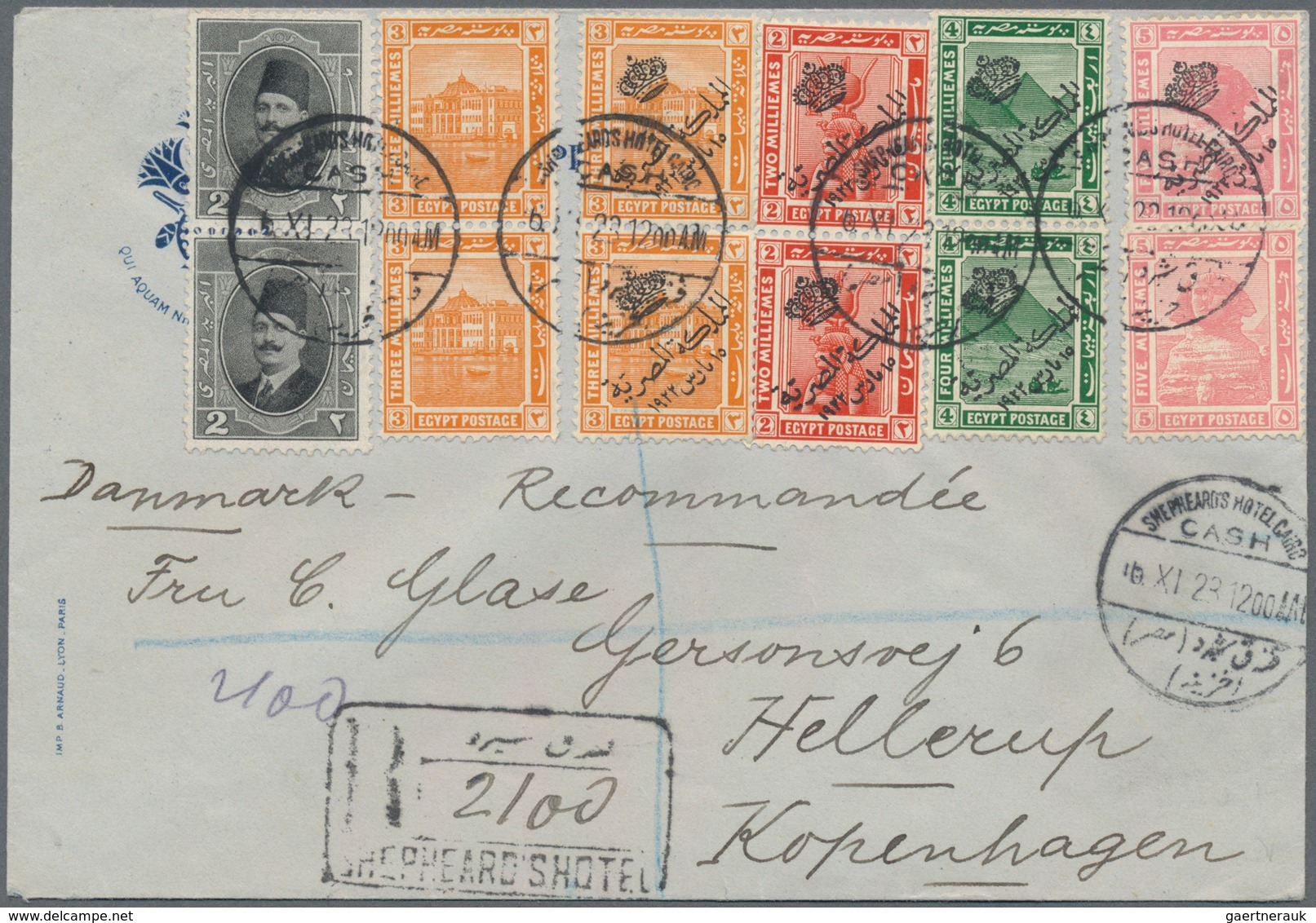 Ägypten: 1923, Attractive Franking (silght Imperfections) On Registered Cover From "SHEPHEARDS HOTEL - 1866-1914 Ägypten Khediva