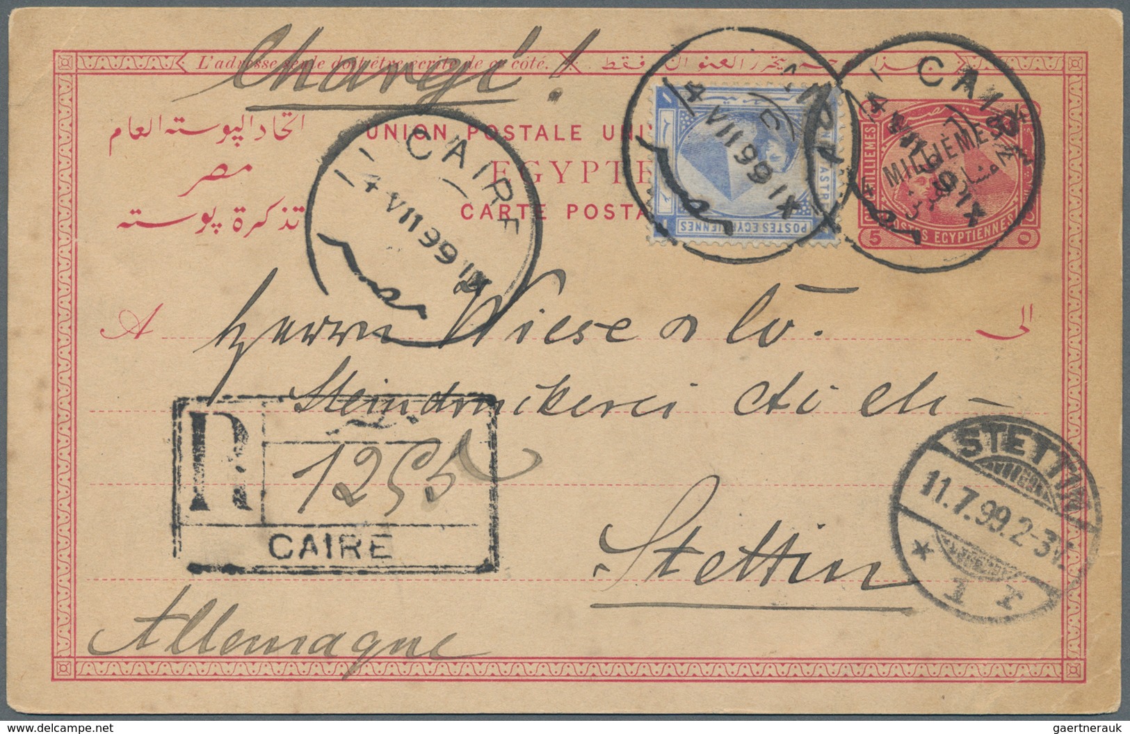Ägypten - Ganzsachen: 1899 Postal Stationery Card 5m. Used REGISTERED From Cairo To Stettin, Germany - Sonstige & Ohne Zuordnung