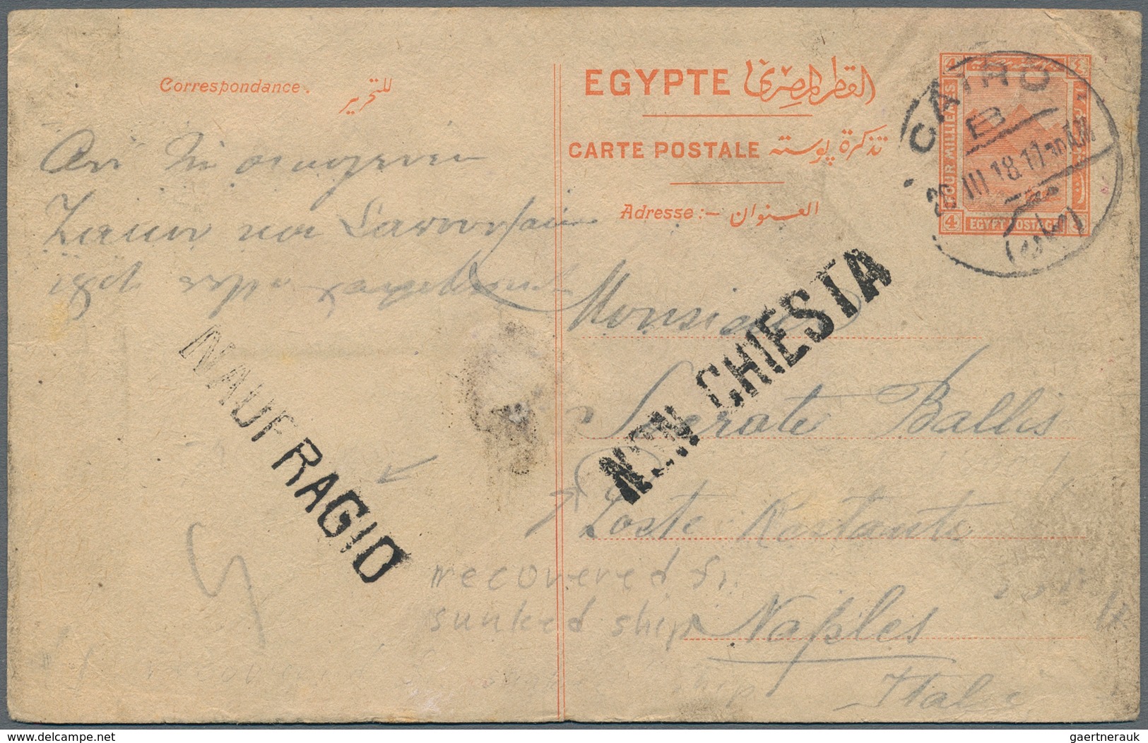 Ägypten - Ganzsachen: 1918 CRASH MAIL: Postal Stationery Card 4m. Red Used From Cairo To Naples, Ita - Sonstige & Ohne Zuordnung