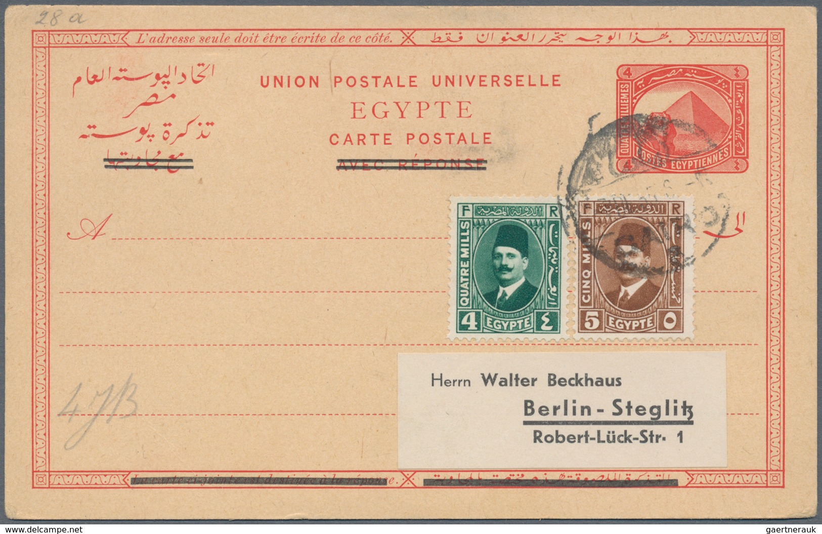 Ägypten - Ganzsachen: 1923 Provisional 4m. (overprinted Sender Part Of 4+4m. Card For Use As Single - Sonstige & Ohne Zuordnung