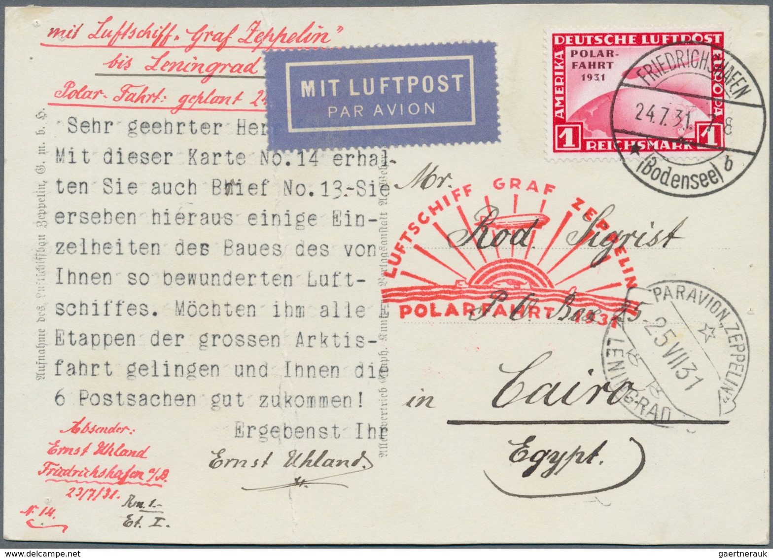 Ägypten - Flugpost: 1931, INCOMING MAIL: Germany, 1 M Zeppelin "Polarfahrt", Single Franking On Pict - Other & Unclassified