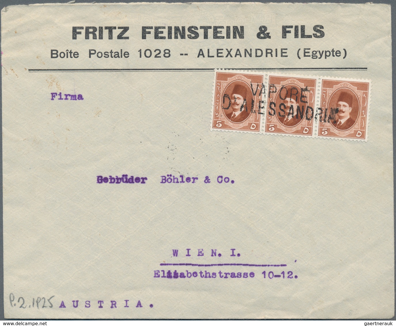 Ägypten - Schiffspost: 1925, "VAPORE D'ALESSANDRIA", Double-line Handstamp, Applied During Transit O - Sonstige & Ohne Zuordnung