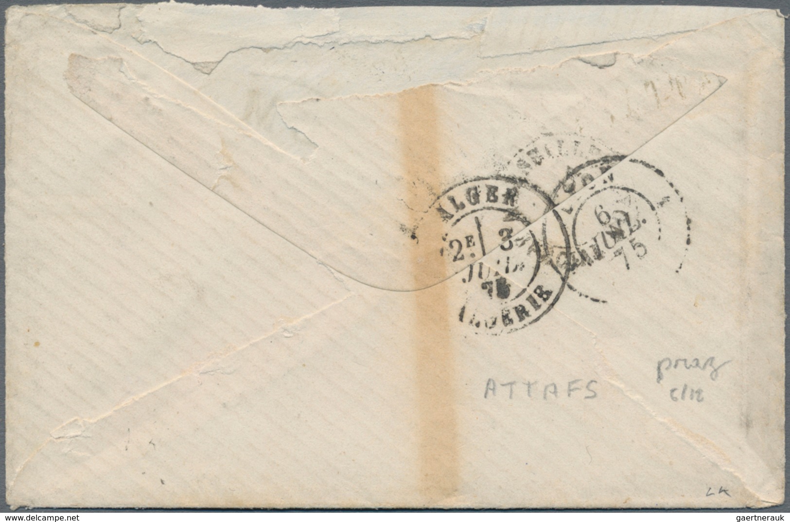 Algerien: 1875 Cover To Lyon, France Franked By French 1871 Ceres 25c. Blue Tied By Straight-liner " - Covers & Documents