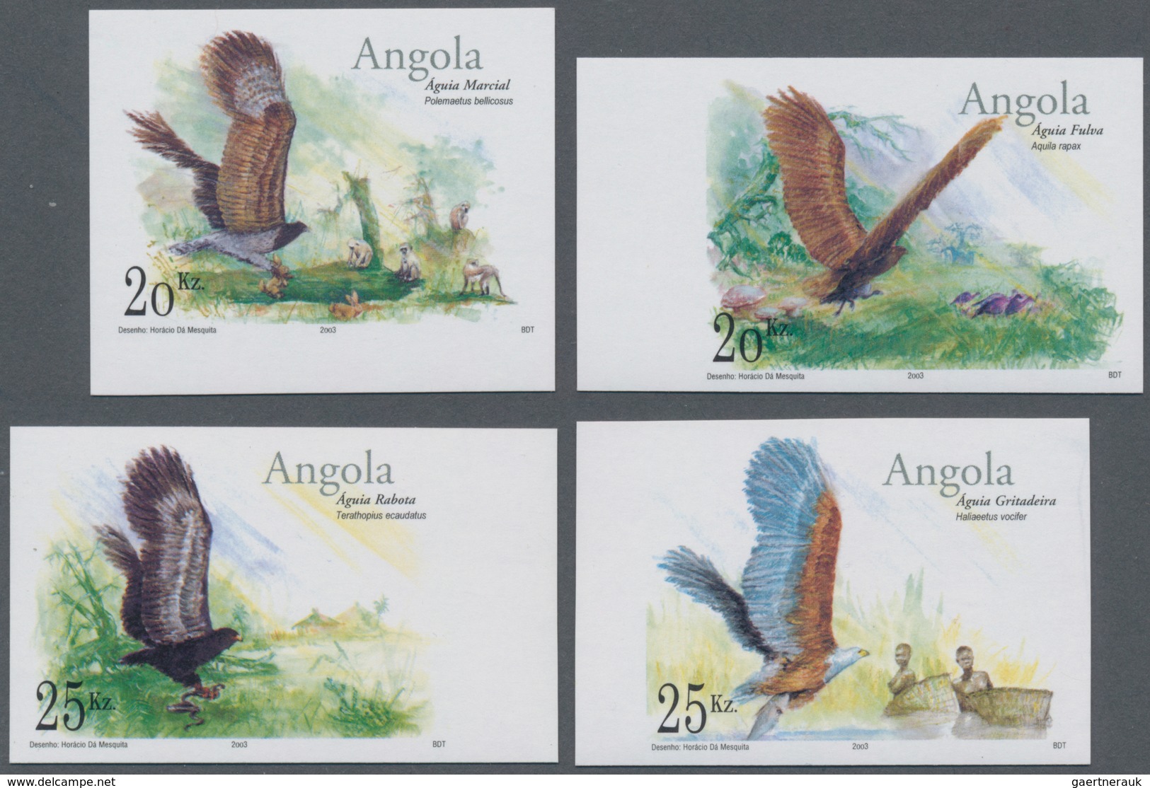 Angola: 2003, Domestic Eagles Complete IMPERFORATE Set Of Four From Different Margins And The Imperf - Angola