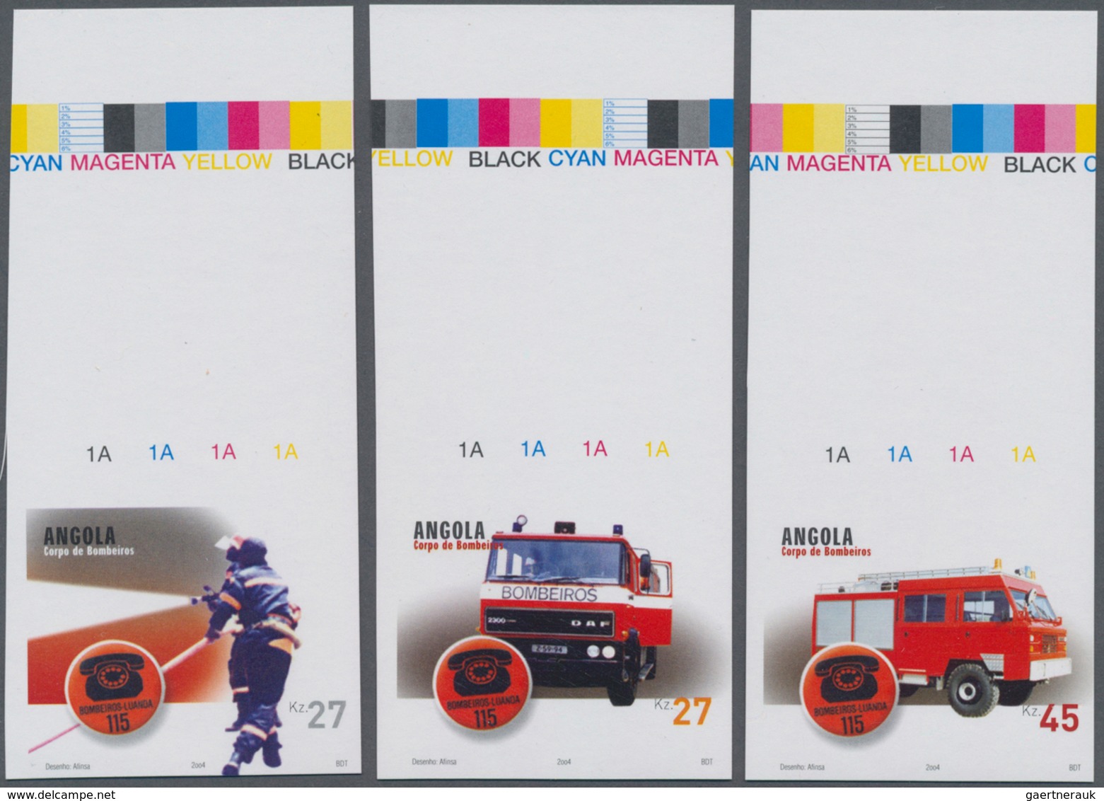 Angola: 2004, Fire Brigade Complete IMPERFORATE Set Of Three (different Cars And Firefighter) From U - Angola