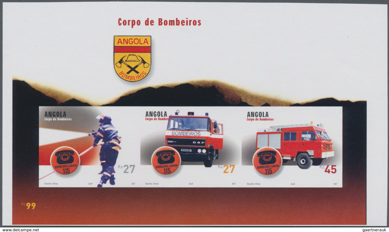 Angola: 2004, Fire Brigade Complete IMPERFORATE Set Of Three (different Cars And Firefighter) From U - Angola