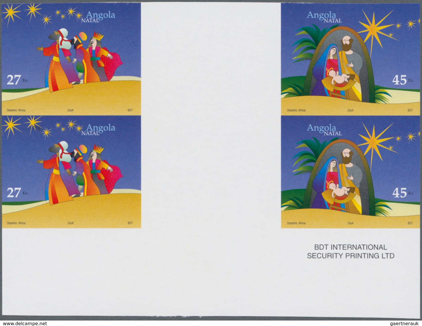 Angola: 2004, Christmas Complete Set Of Two In A Horizontal IMPERFORATE Gutter Block Of Four With Di - Angola