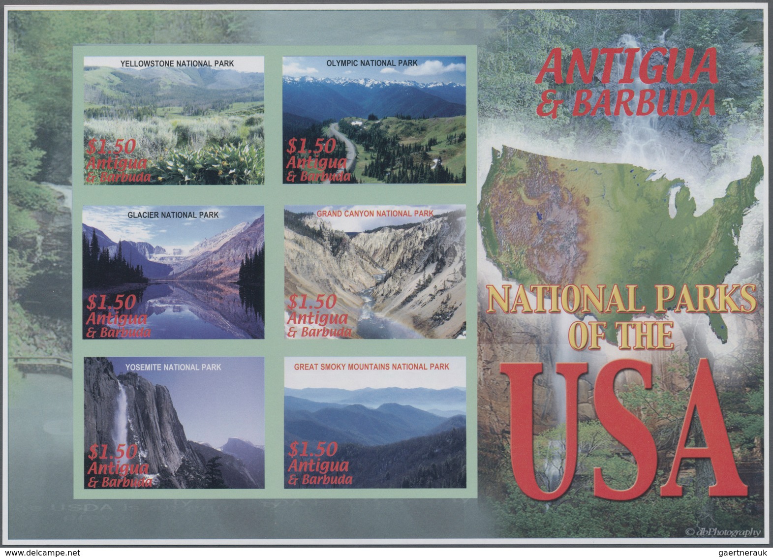 Antigua: 2006, National Parks In The USA Complete Set Of Six In An IMPERFORATE Sheetlet And The Impe - Antigua Und Barbuda (1981-...)