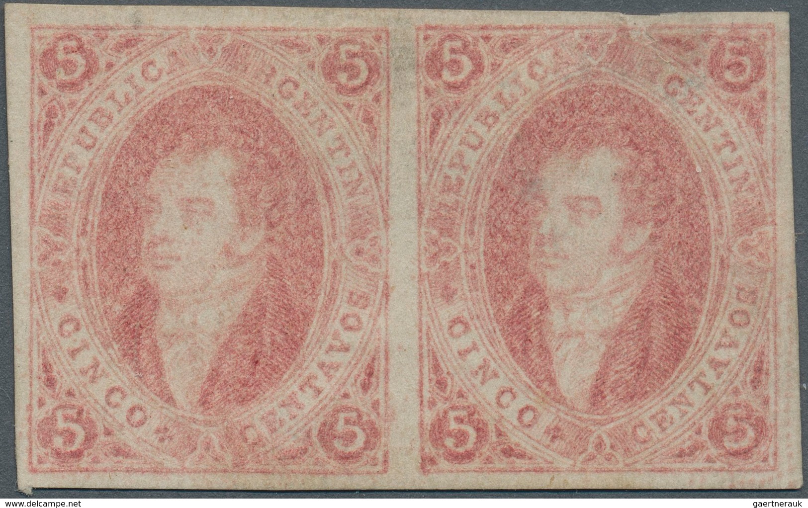 Argentinien: 1867 'Rivadavias' 5c. Light Rose, No Watermark, 6th Printing, IMPERFORATED HORIZONTAL P - Otros & Sin Clasificación