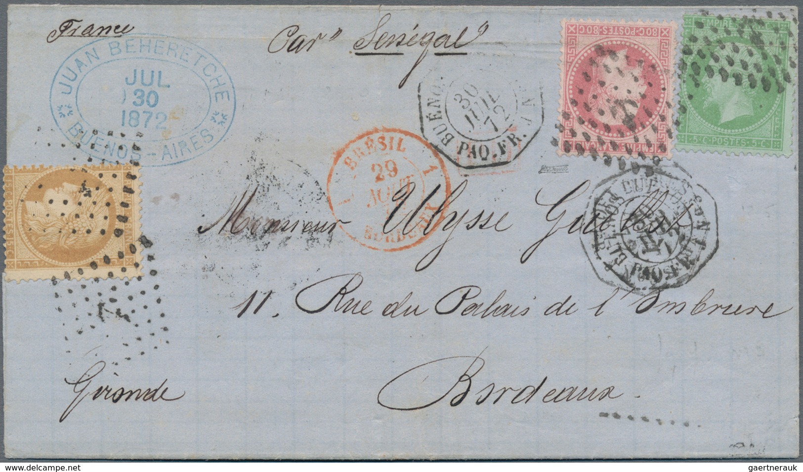 Argentinien: 1872 Folded Cover Sent From Buenos Aires To Bordeaux Per Steamer "Senegal" On The Brazi - Other & Unclassified