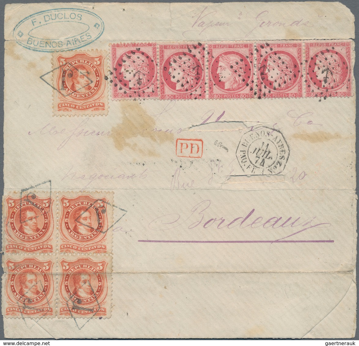 Argentinien: 1874 Large Part Of Cover Sent From Buenos Aires To Bodeaux Per Steamer "Geronde", Frank - Other & Unclassified