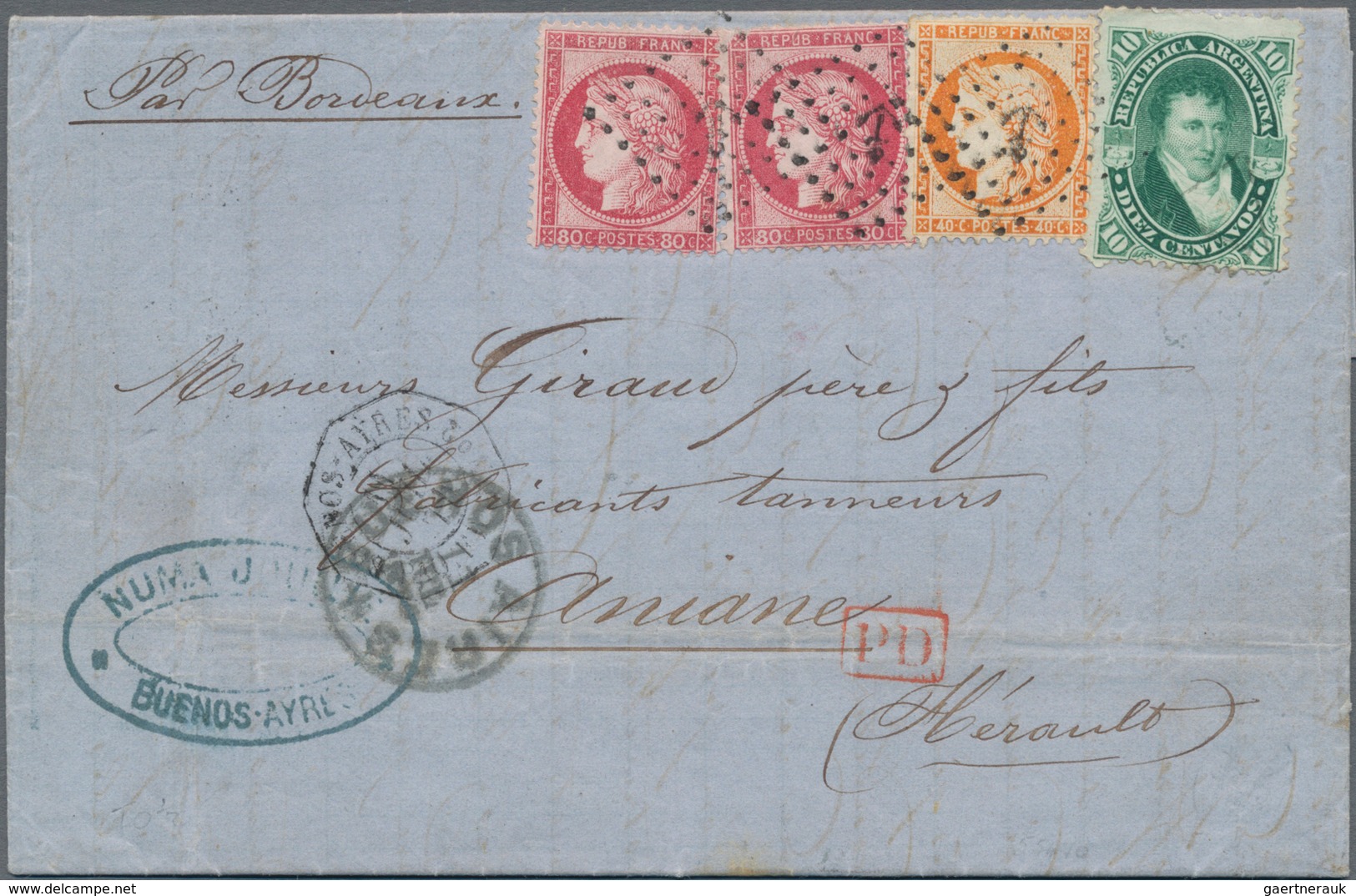 Argentinien: 1874 Entire Letter Sent From Buenos Aires To Aniane, France Via Bordeaux And Clermont-F - Sonstige & Ohne Zuordnung