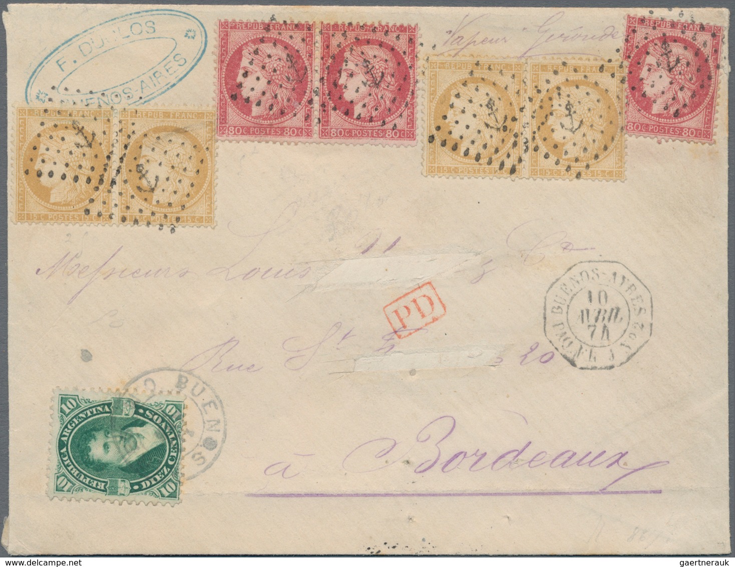 Argentinien: 1874 Cover From Buenos Aires To Bordeaux Per Steamer "Geronde", Franked By 1873 'Belgra - Andere & Zonder Classificatie