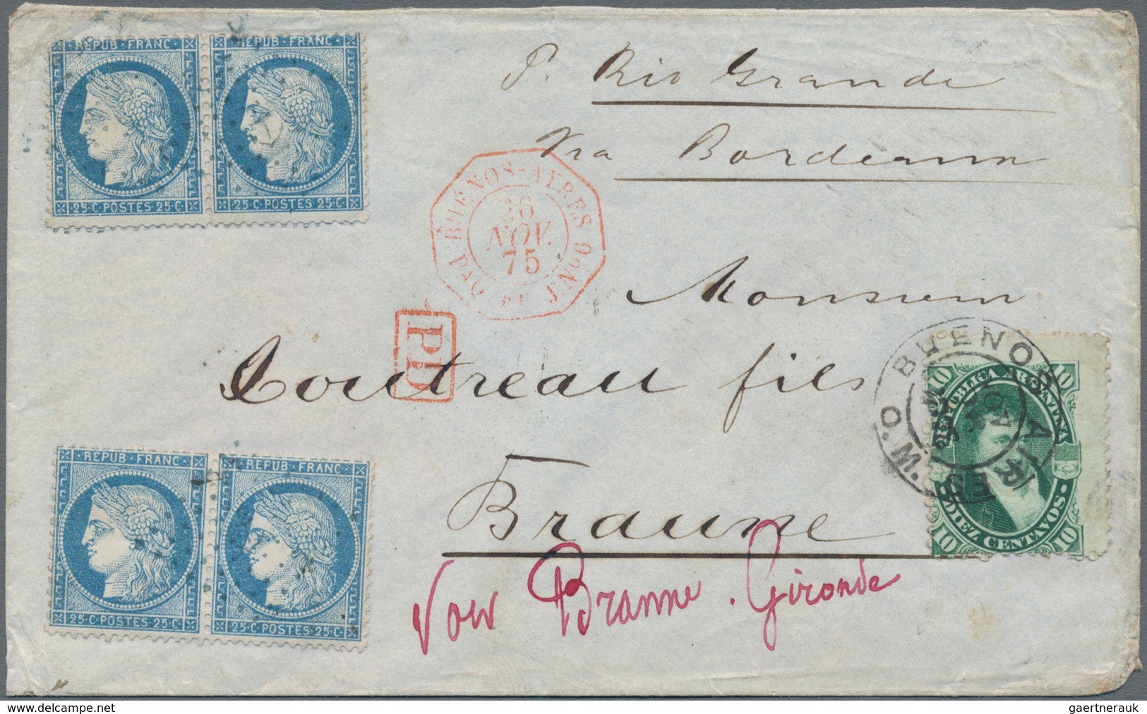 Argentinien: 1875 Cover From Buenos Aires To Branne, France 'Per "Rio Grande" Via Bordeaux' (endorse - Other & Unclassified