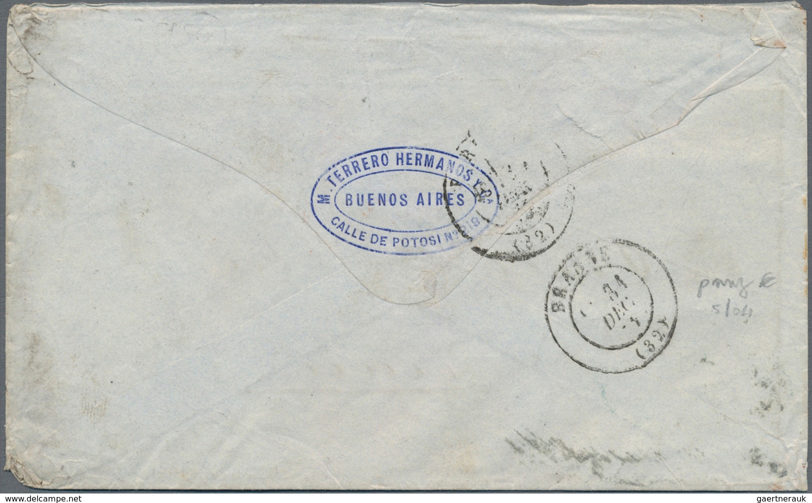 Argentinien: 1875 Cover From Buenos Aires To Branne, France 'Per "Rio Grande" Via Bordeaux' (endorse - Other & Unclassified