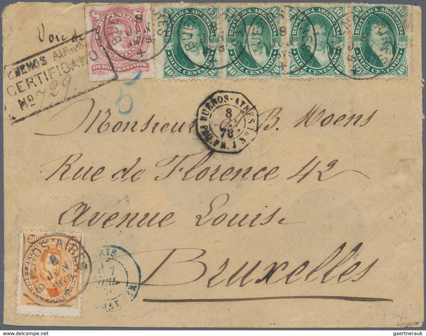 Argentinien: 1878 Registered Cover From Buenos Aires To Brussels Via Bordeaux And Paris By French Pa - Other & Unclassified