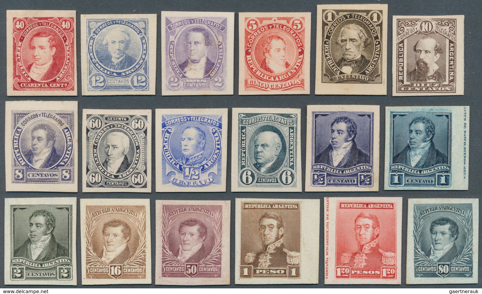 Argentinien: 1888/1892 (ca.), Group Of 18 Imperforated Proofs On Cardboard, Issued Design But Differ - Other & Unclassified