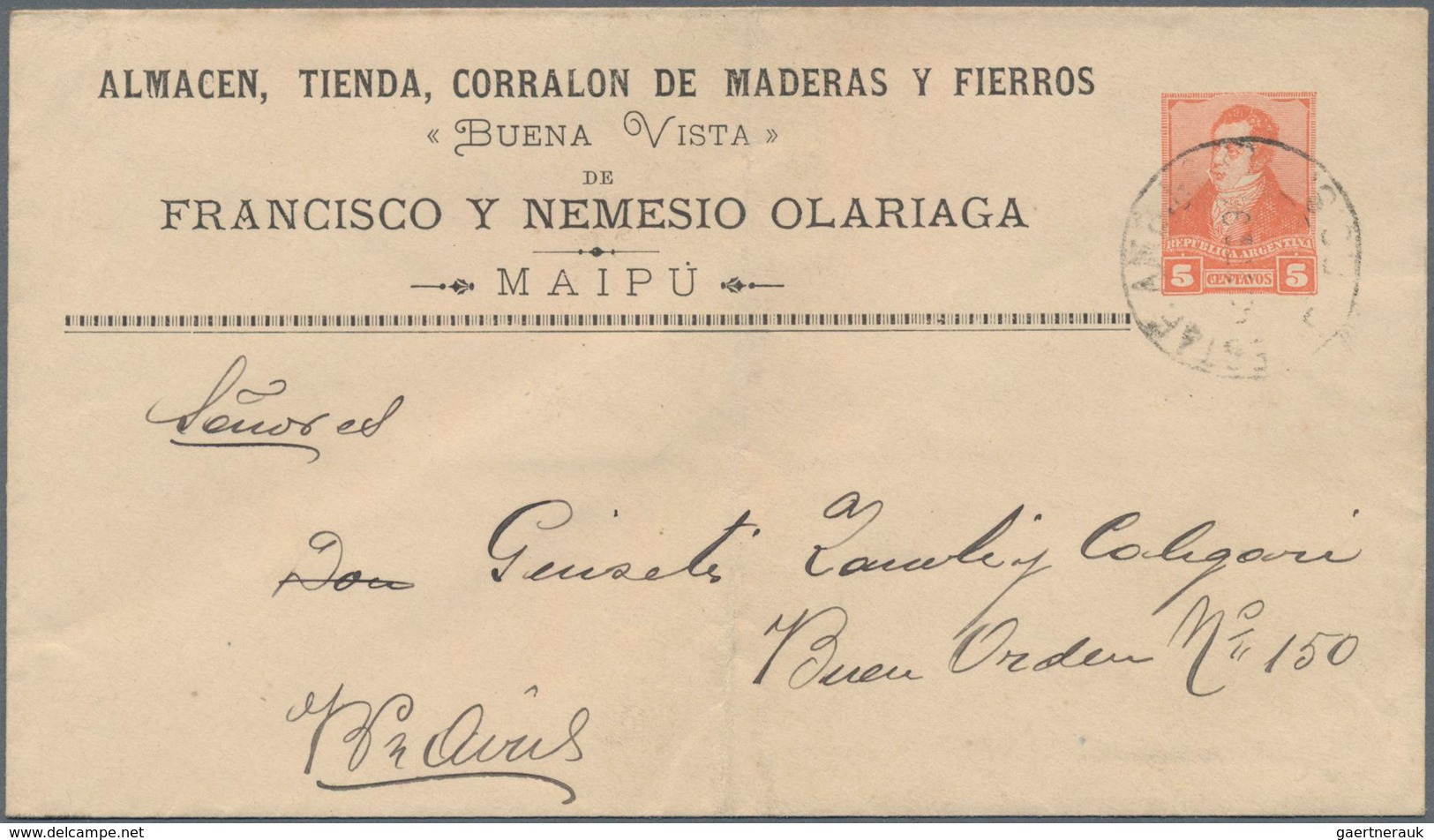 Argentinien - Ganzsachen: 1892 Commercially Used Preprinted Postal Stationery Envelope 5 Centavos Or - Ganzsachen