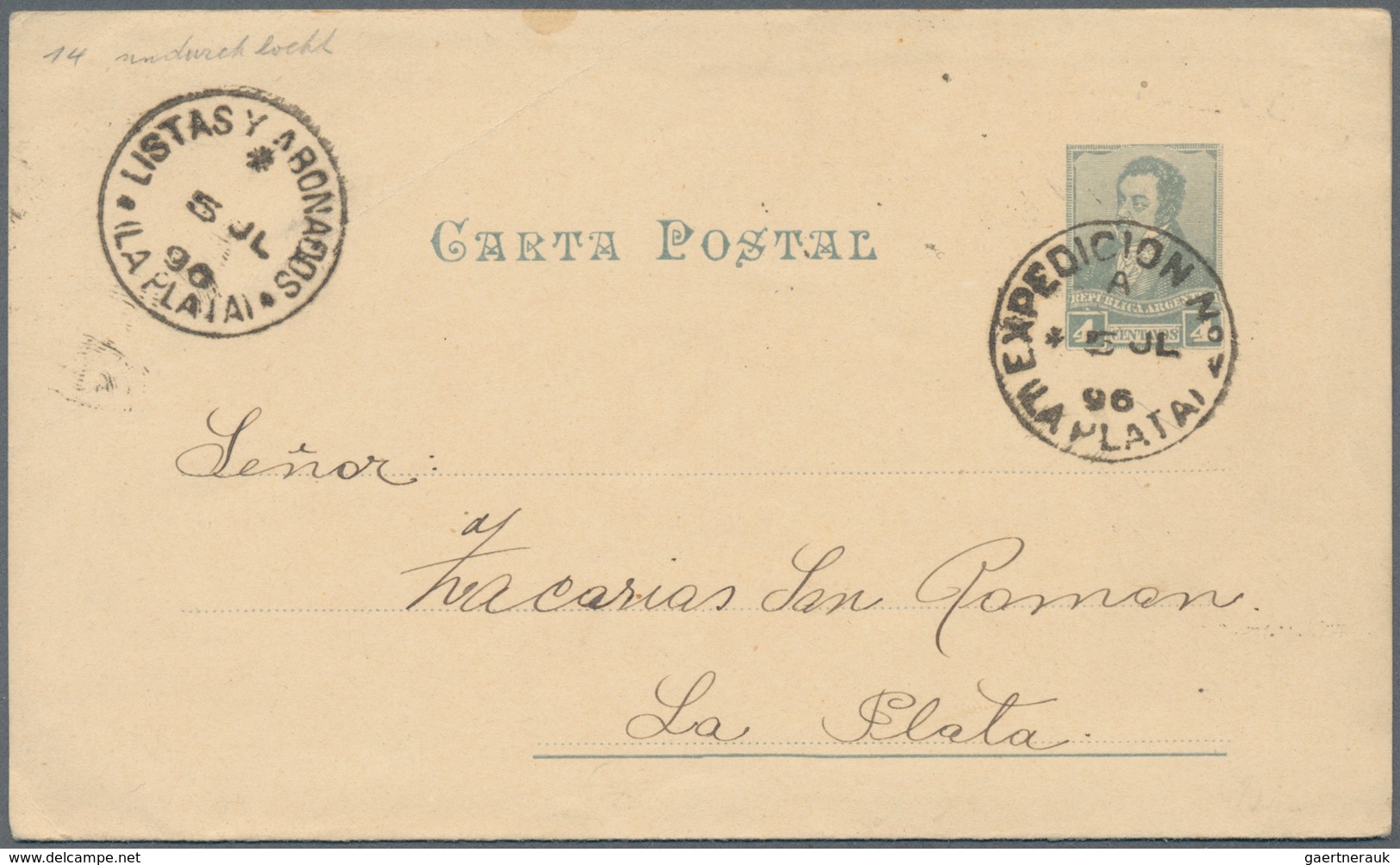 Argentinien - Ganzsachen: 1892, Stationery Letter Card Rivadavia 4 C Slate Green On Cream With MISSI - Postal Stationery