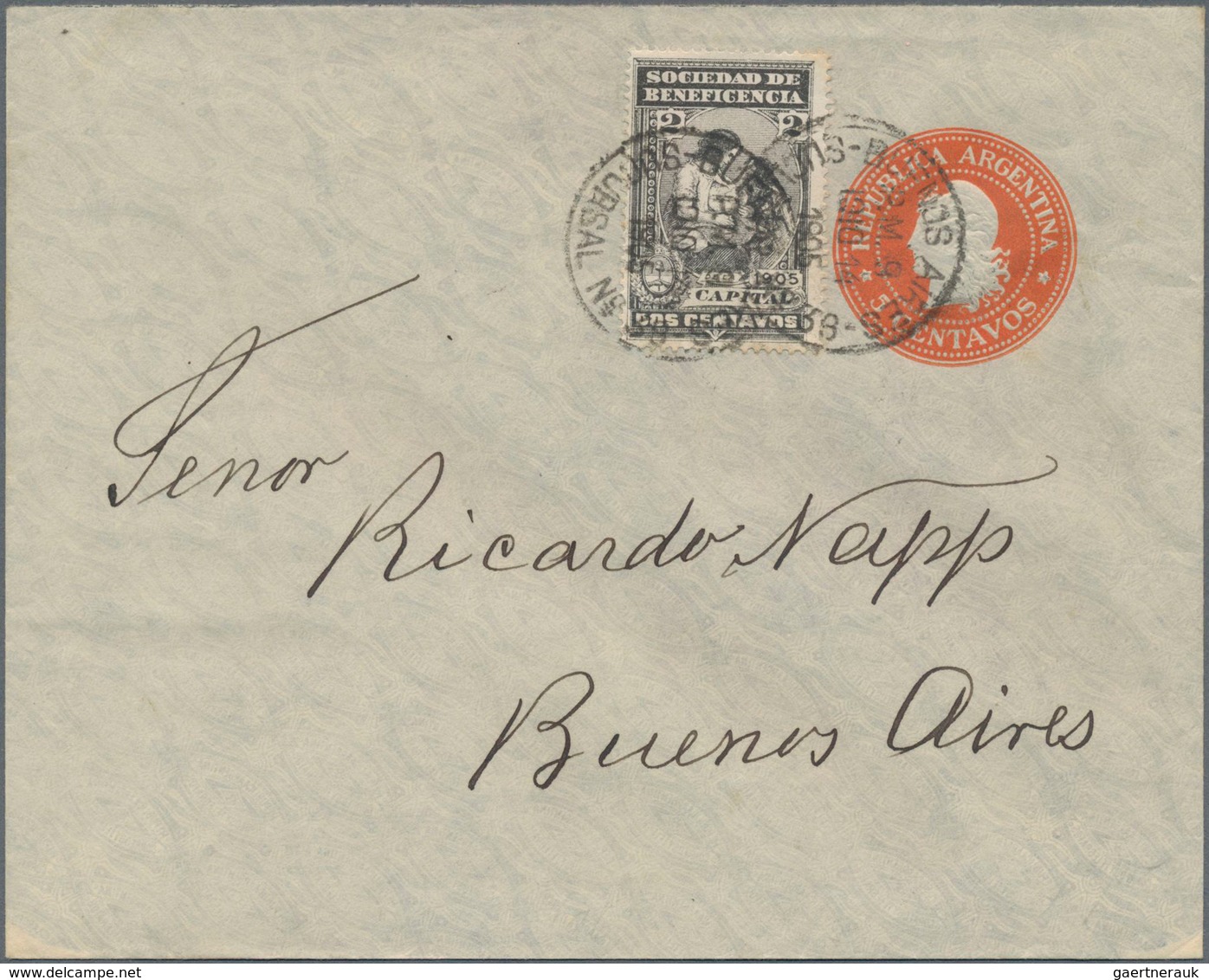 Argentinien - Ganzsachen: 1905 Commercially Local Used And Nice Uprated Postal Stationery Envelope 5 - Postal Stationery
