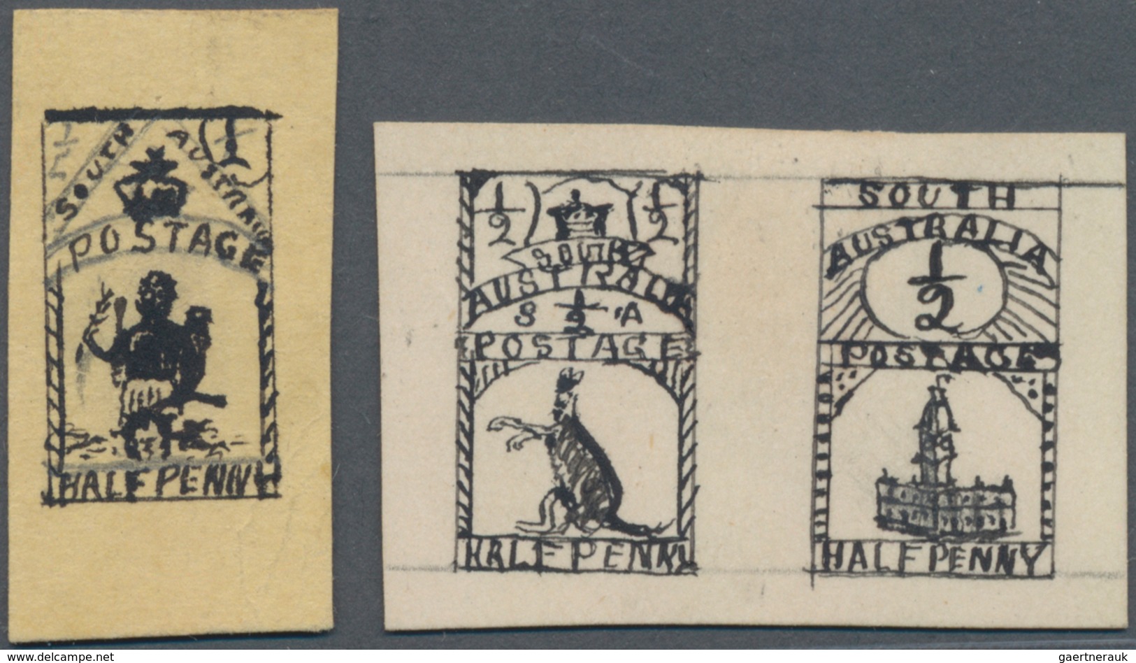 Südaustralien: 1890's, Stamp Design Competition Three Handpainted ESSAYS (each 11 X 29 Mm) In Black - Briefe U. Dokumente