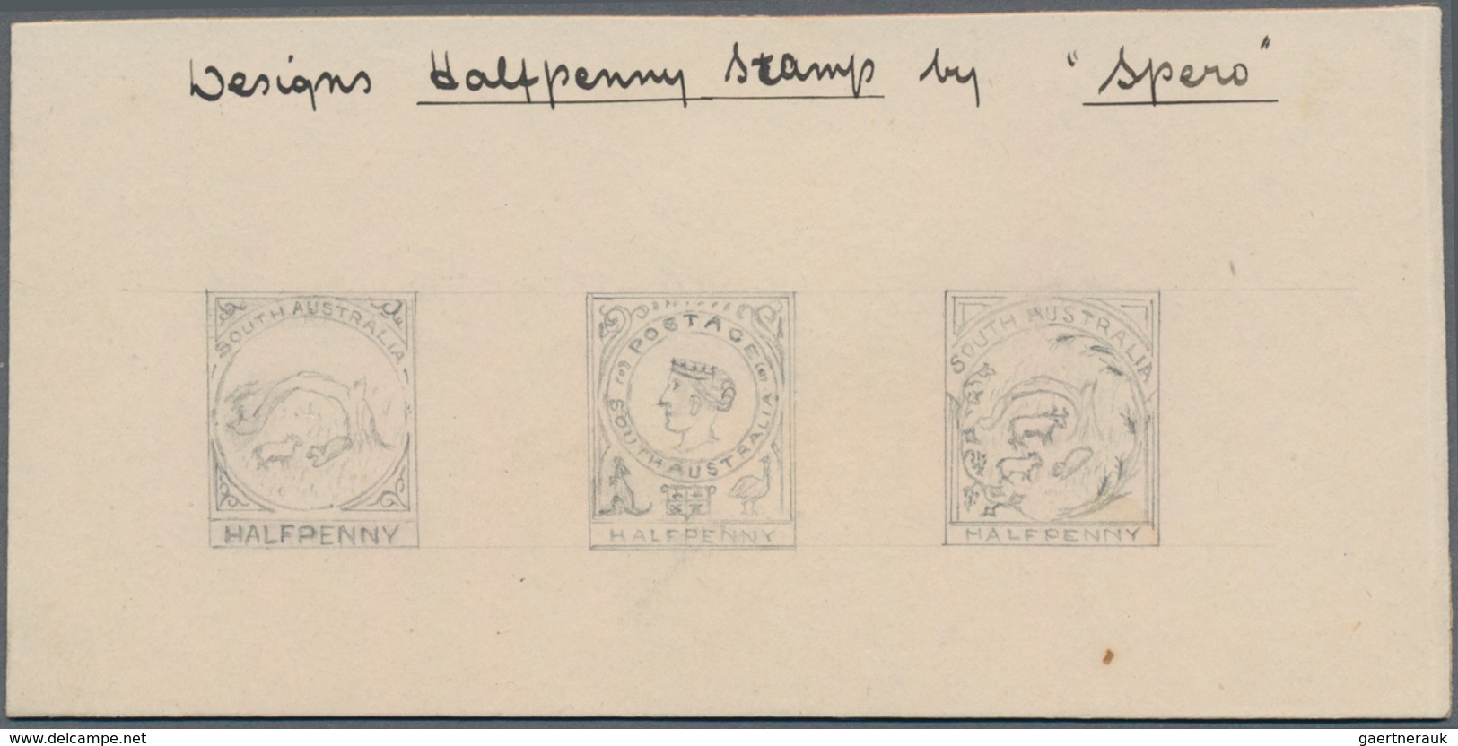 Südaustralien: 1890's, Stamp Design Competition Three Handpainted ESSAYS (each 19 X 23 Mm) In Pencil - Lettres & Documents