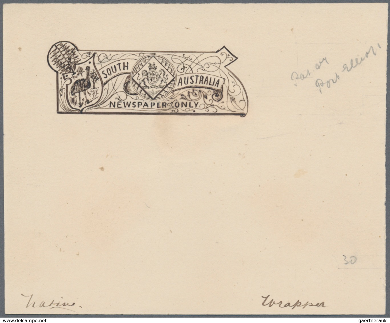 Südaustralien: 1890's, Wrapper Design Competition ESSAY ('Native' No. 30) Of Heading Of Wrapper 'New - Covers & Documents