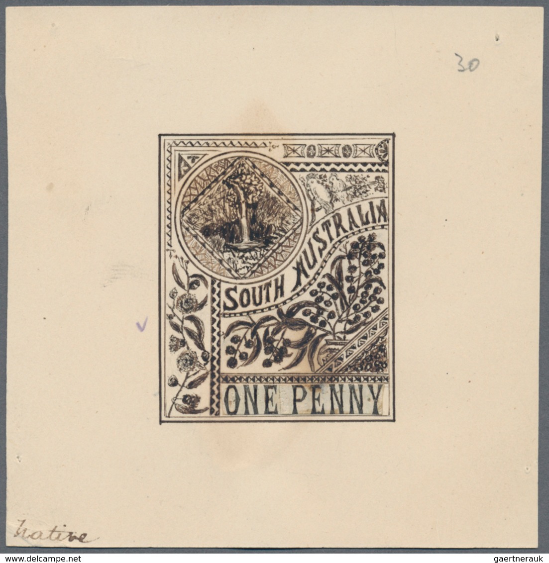 Südaustralien: 1890's, Stamp Design Competition Handpainted ESSAY (40 X 46 Mm) In Sepia Ink On Card - Covers & Documents
