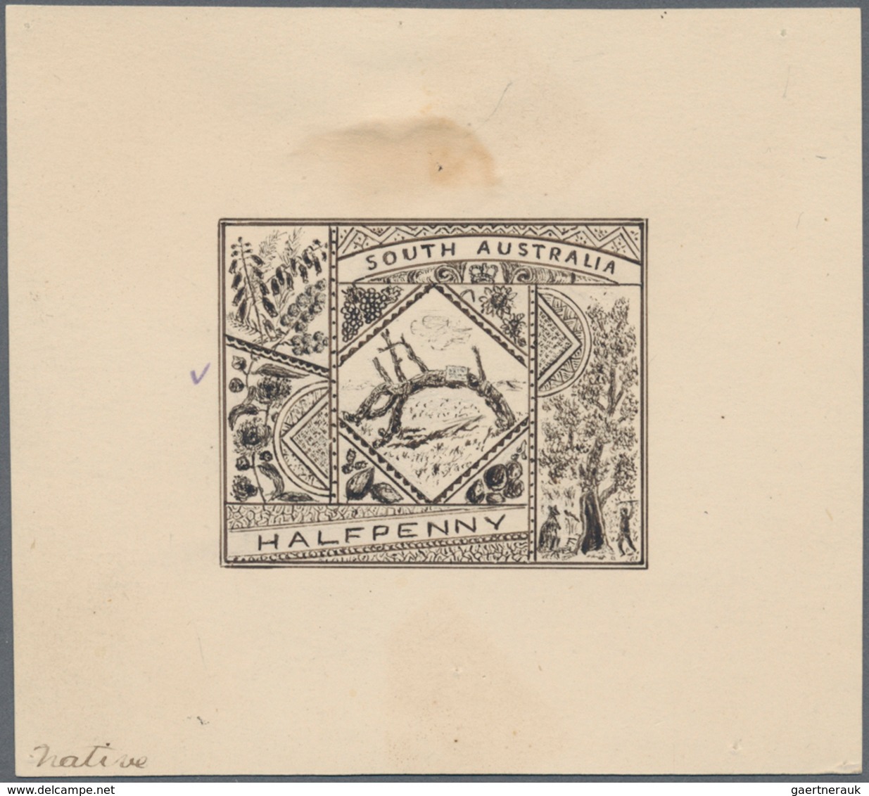 Südaustralien: 1890's, Stamp Design Competition Handpainted ESSAY (46 X 37 Mm) In Sepia Ink On Thin - Covers & Documents