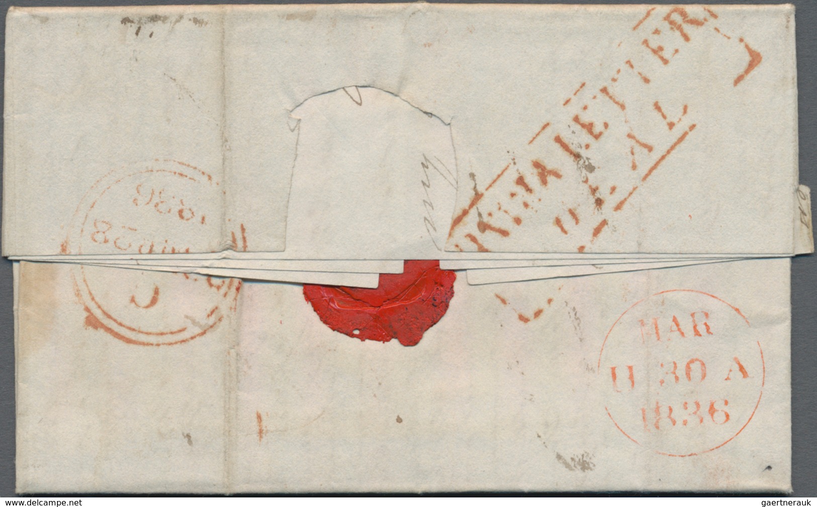 Tasmanien: 1834, Prephilatelic Letter From Hobart To Edinburgh, On Reverse Wax Seal And Red Frame Ca - Covers & Documents