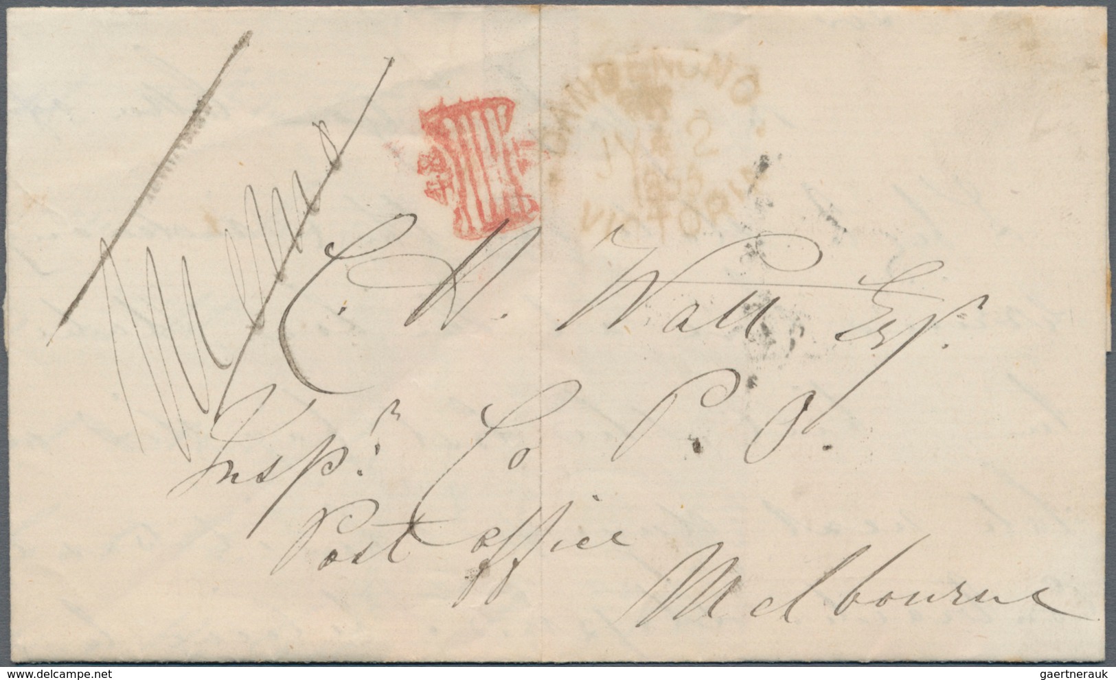Victoria: 1855, Folded Stampless Entire With Light Red 'DANDENONG / (crown) / JY*2/1855 / VICTORIA' - Briefe U. Dokumente