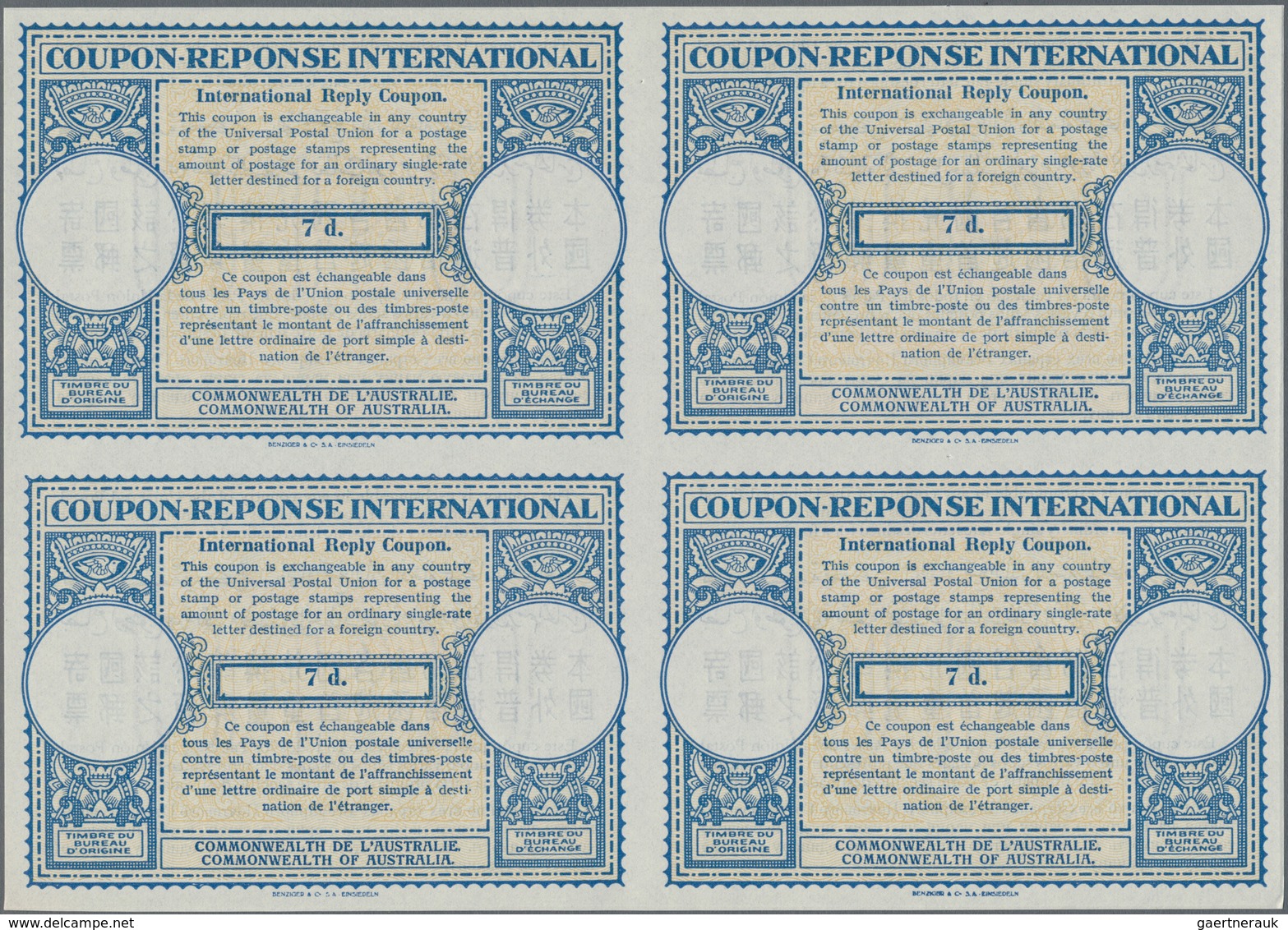 Australien: 1948, August. International Reply Coupon 7d (London Type) In An Unused Block Of 4. Luxur - Mint Stamps