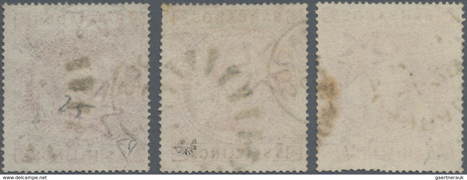 Barbados: 1873, Britannia 5s. Dull Rose With Wmk. Small Star (sideways) Three Stamps With Minor Shad - Barbados (1966-...)