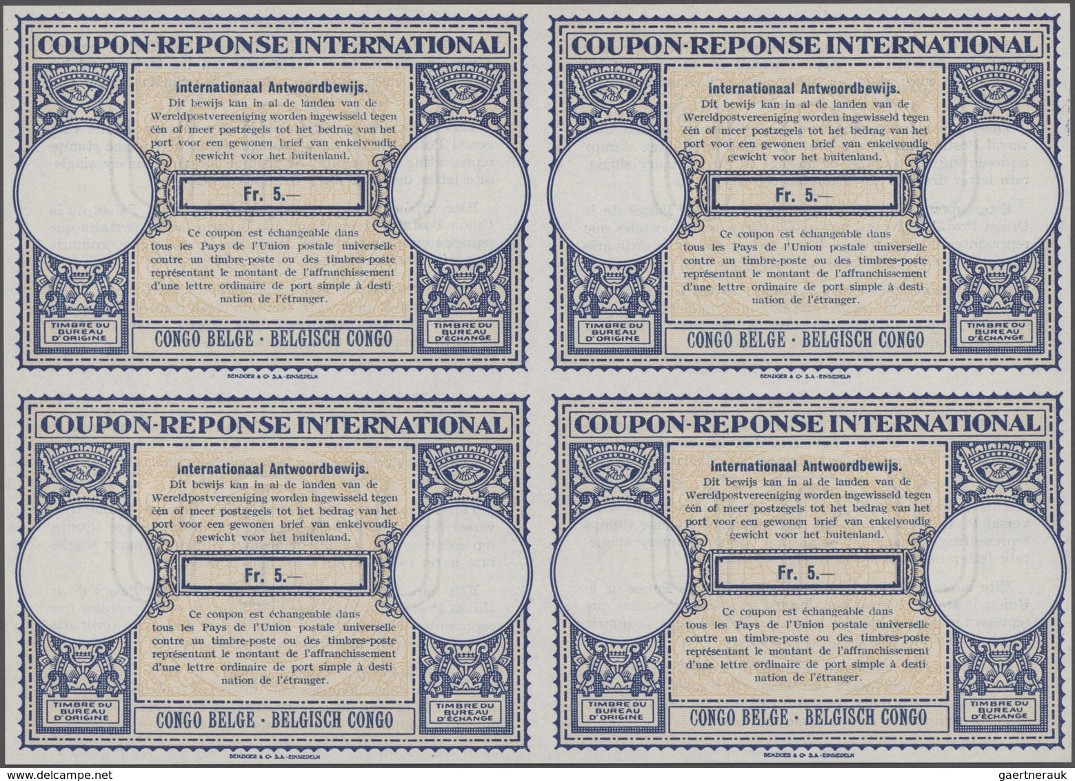 Belgisch-Kongo: 1947 International Reply Coupon (I.R.C.) 5fr. For Belgian Congo, Type London, Printe - Other & Unclassified