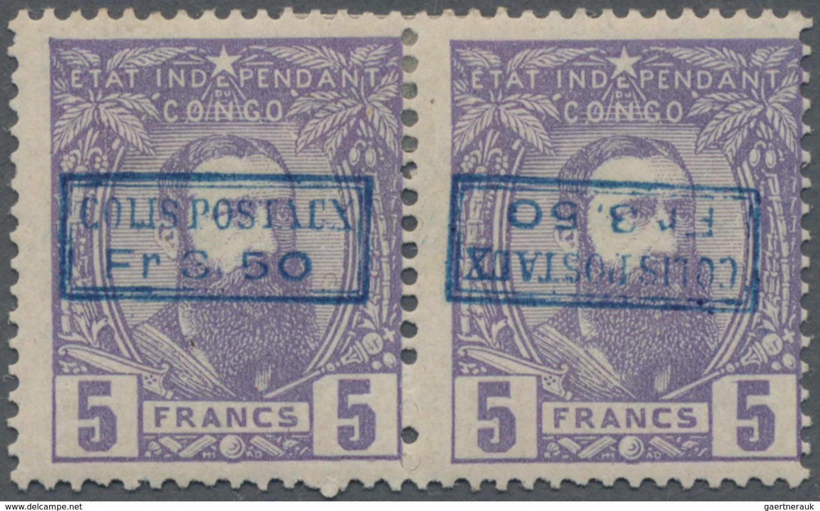 Belgisch-Kongo - Portomarken: 1889, 3.50fr. On 5fr. Violet, Blue Boxed Overpint, Horizontal Pair, Ri - Briefe U. Dokumente