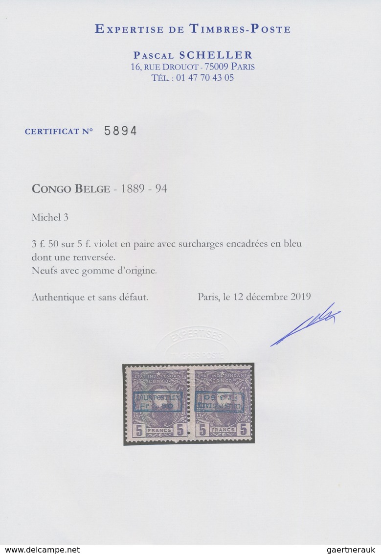 Belgisch-Kongo - Portomarken: 1889, 3.50fr. On 5fr. Violet, Blue Boxed Overpint, Horizontal Pair, Ri - Covers & Documents