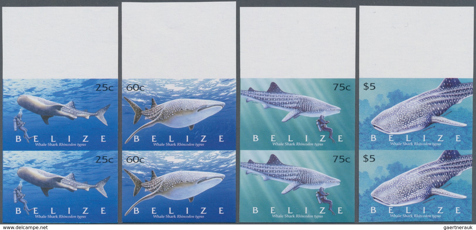 Belize: 2004, Whale Shark (Rhincodon Typus) Complete Set Of Four In Vertical IMPERFORATE Pairs From - Belize (1973-...)