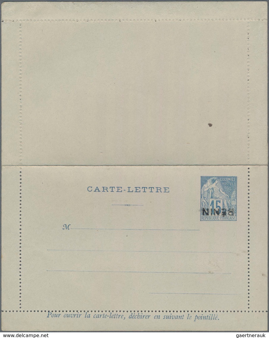 Benin: 1892 Unused Postal Stationery Lettercard 15 C Blue On Grey With Inverted Surcharge "BENIN", R - Sonstige & Ohne Zuordnung