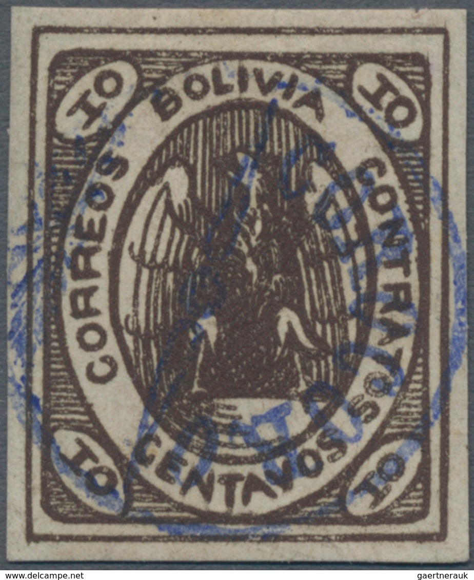 Bolivien: 1867, Condor 10 C. Chocolatebrown With Blue Postmark Of COROCORO, Large Margins All Around - Bolivien