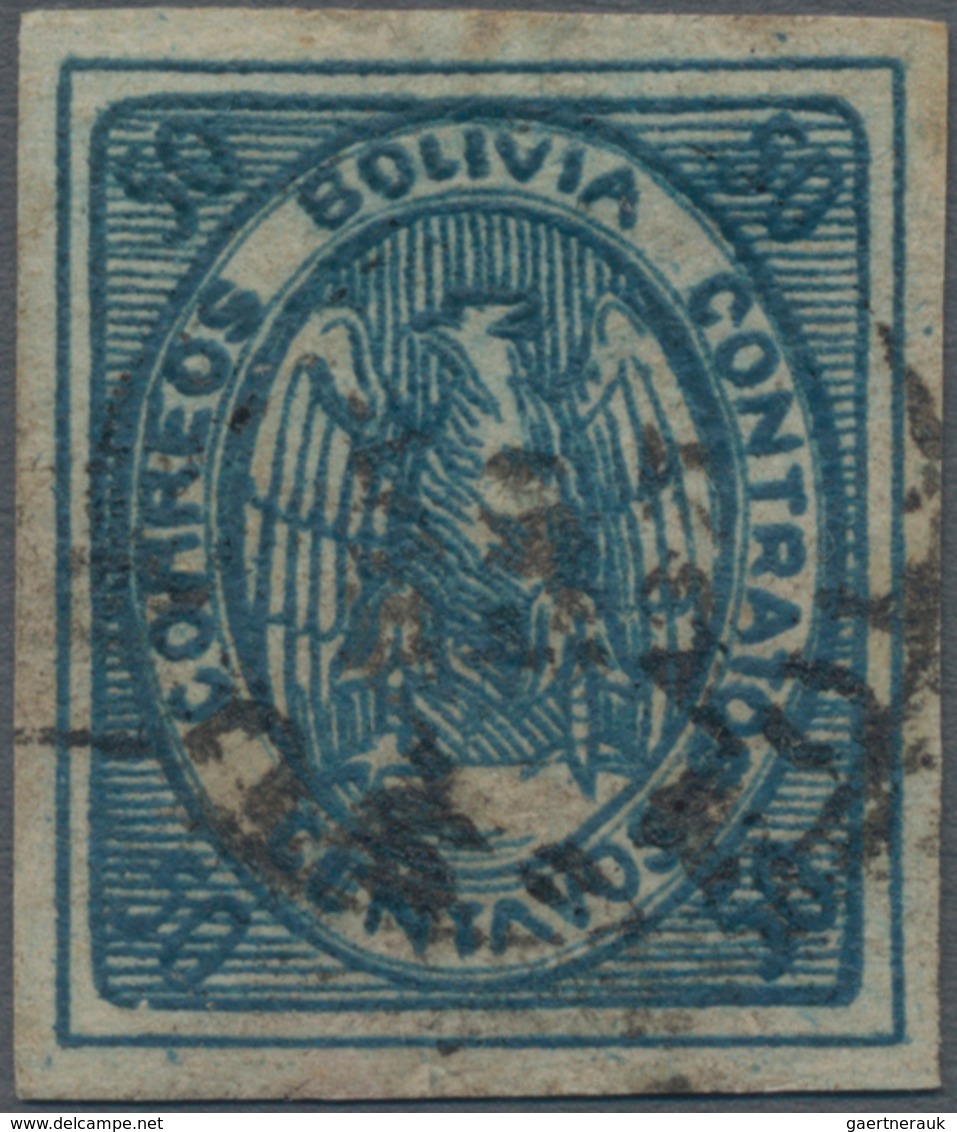 Bolivien: 1868, Condor 50 C. Bluewith Black Postmark, Full Margins All Around, Signed. (Scott 6). ÷ - Bolivia