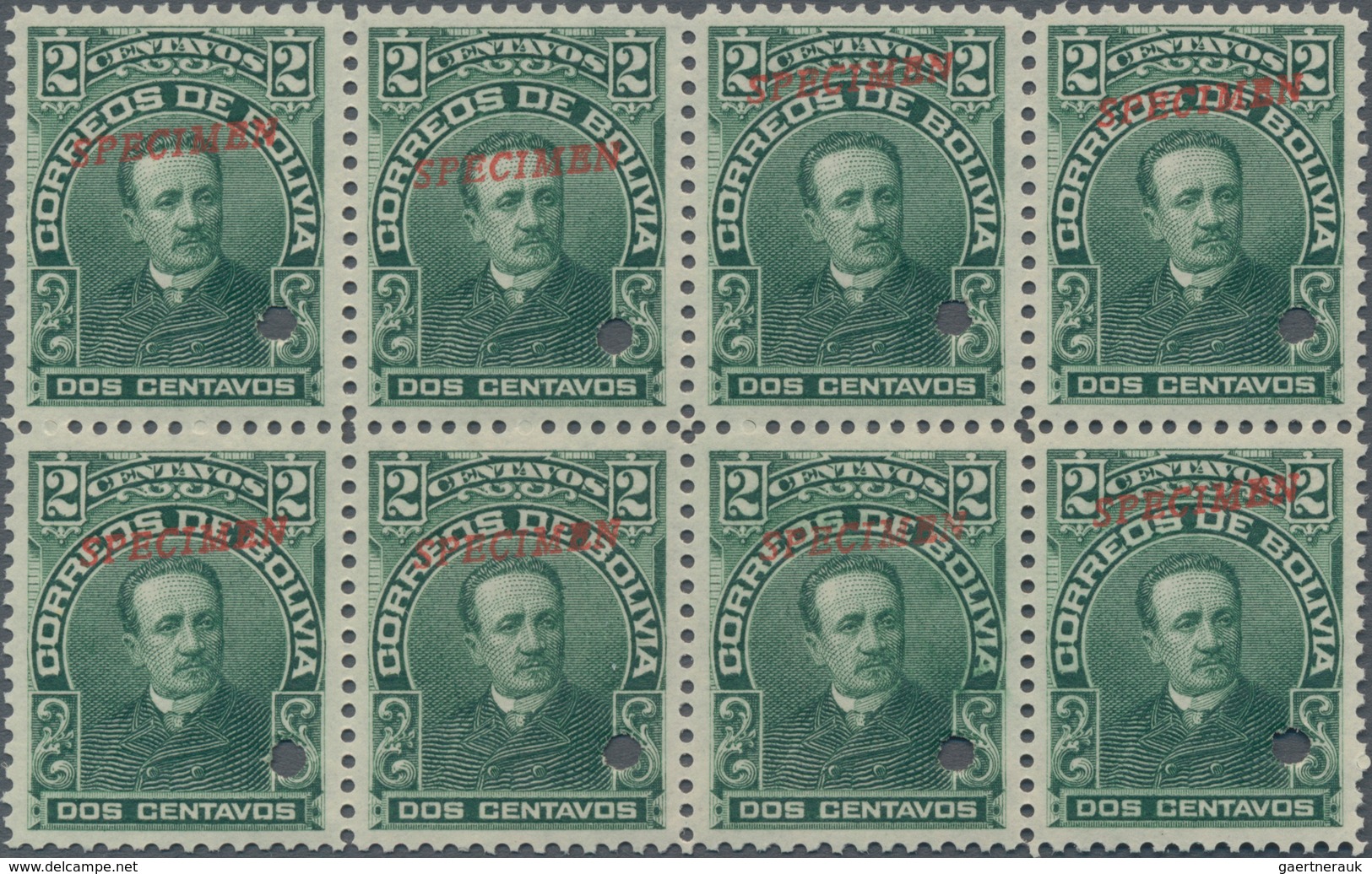 Bolivien: 1901, Politician 2c. Green 'Eliodoro Camacho' Block Of Eight With Punch Holes And Red Opt. - Bolivien