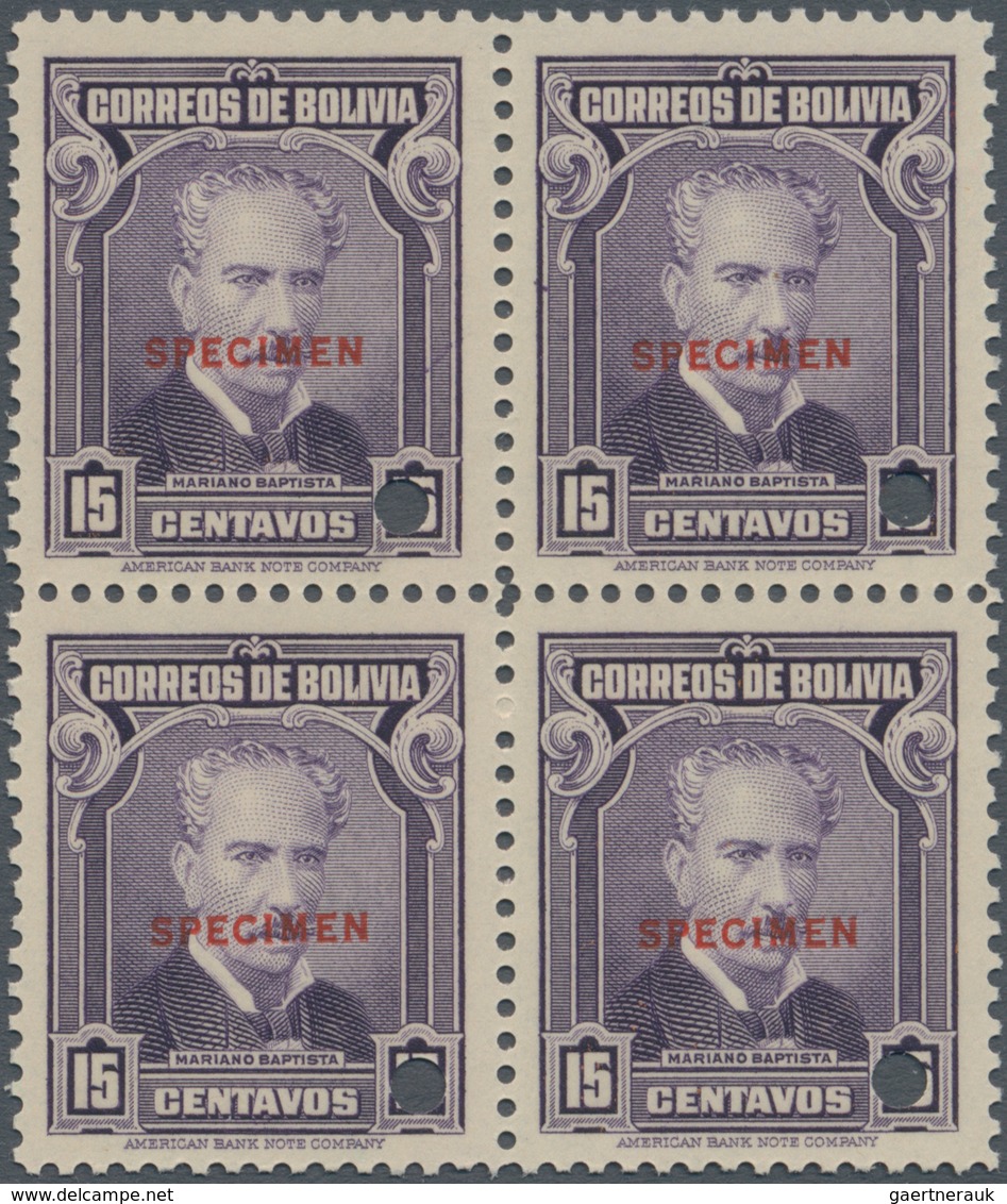 Bolivien: 1935, President Mariano Baptista 15c. Violet Block Of Four With Punch Holes And Red Opt. S - Bolivien