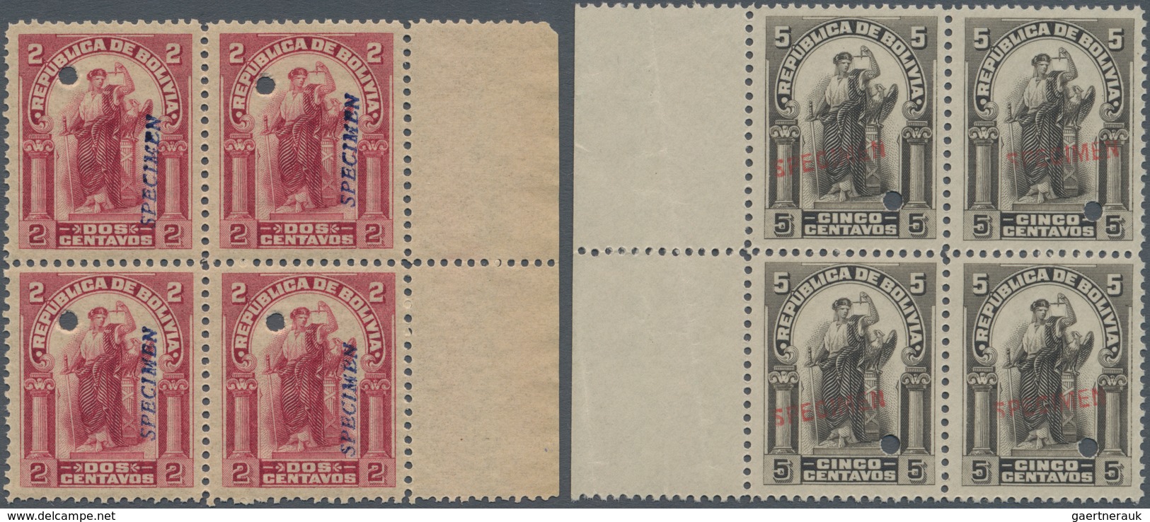 Bolivien - Stempelmarken: 1918, Revenue Stamps 'Allegory' Two Different Blocks Of Four Incl. 2c. Car - Bolivia
