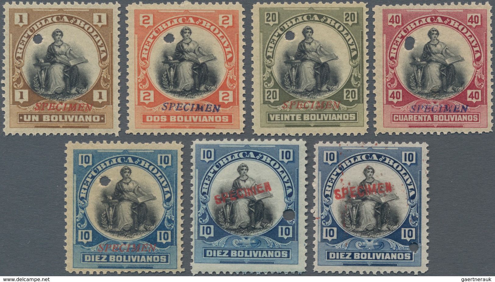 Bolivien - Stempelmarken: 1920 (ca.), Revenue Stamps 'Allegory' Seven Different Stamps Incl. 1bol. B - Bolivia