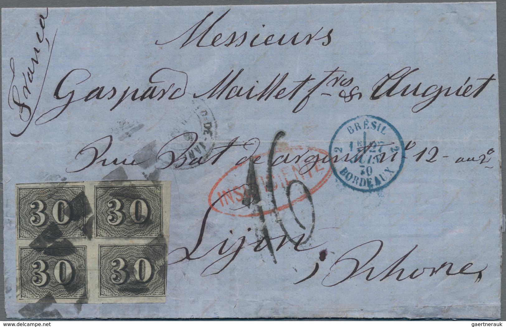 Brasilien: 1849-50 'Verticais' 30r. Black BLOCK OF FOUR Used On Folded Address Sheet To France In 18 - Gebraucht