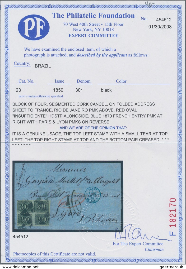Brasilien: 1849-50 'Verticais' 30r. Black BLOCK OF FOUR Used On Folded Address Sheet To France In 18 - Used Stamps