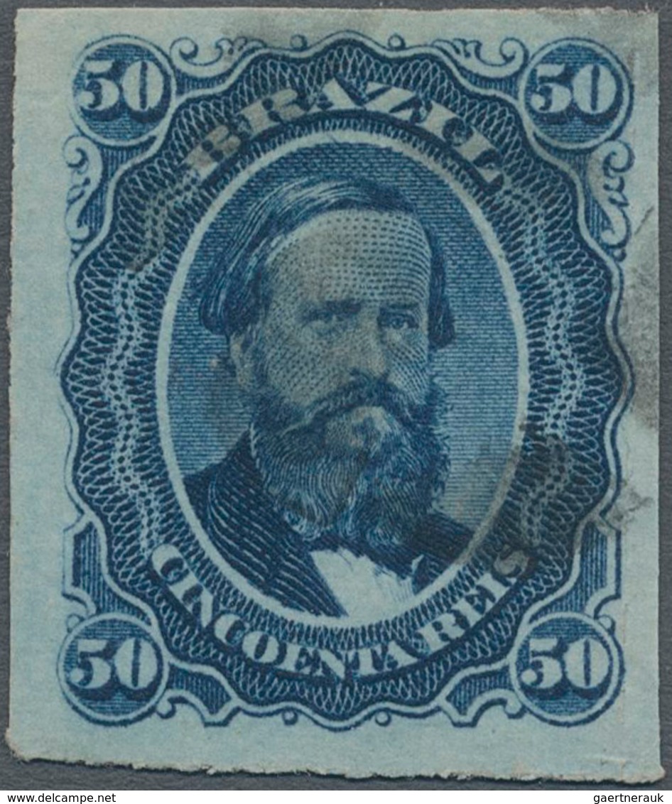Brasilien: 1876 'Dom Pedro' 50r. Blue On Bluish Paper (PAPEL AZULADO), Pin-perf, Fine Used. - Gebraucht