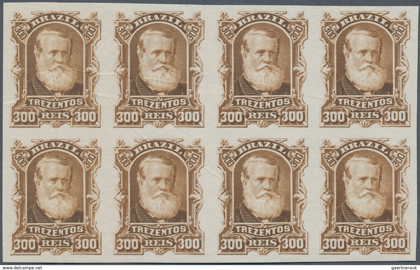 Brasilien: 1878-79, 300 R. Bister Imperf Block Of Eight On White Wove Paper, Vertical Crease At Left - Gebraucht