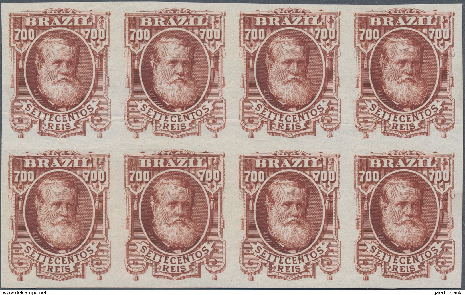 Brasilien: 1878-79, 700 R. Red-brown Imperf Block Of Eight On White Wove Paper, Very Fine And Fresh - Used Stamps